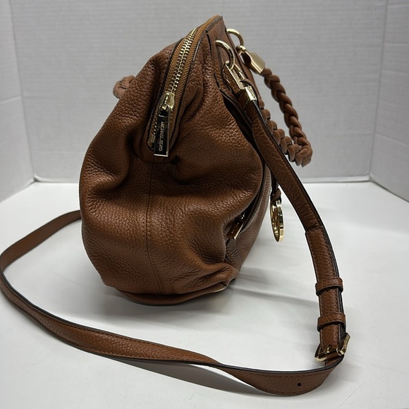 Michael Kors Naomi Bowling Purse Bag Leather Braided Handle Satchel Cognac Brown - Picture 2 of 10